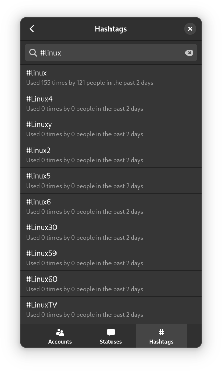Screenshot of the Tuba app in dark and mobile view. The current view is the search one on the 'Hashtags' tab. The search entry has '#linux' as its content. There's a full page of results returned showcasing Tuba's search functionality and ability to return how many times each hashtag was used and by how many people in the past 2 days.