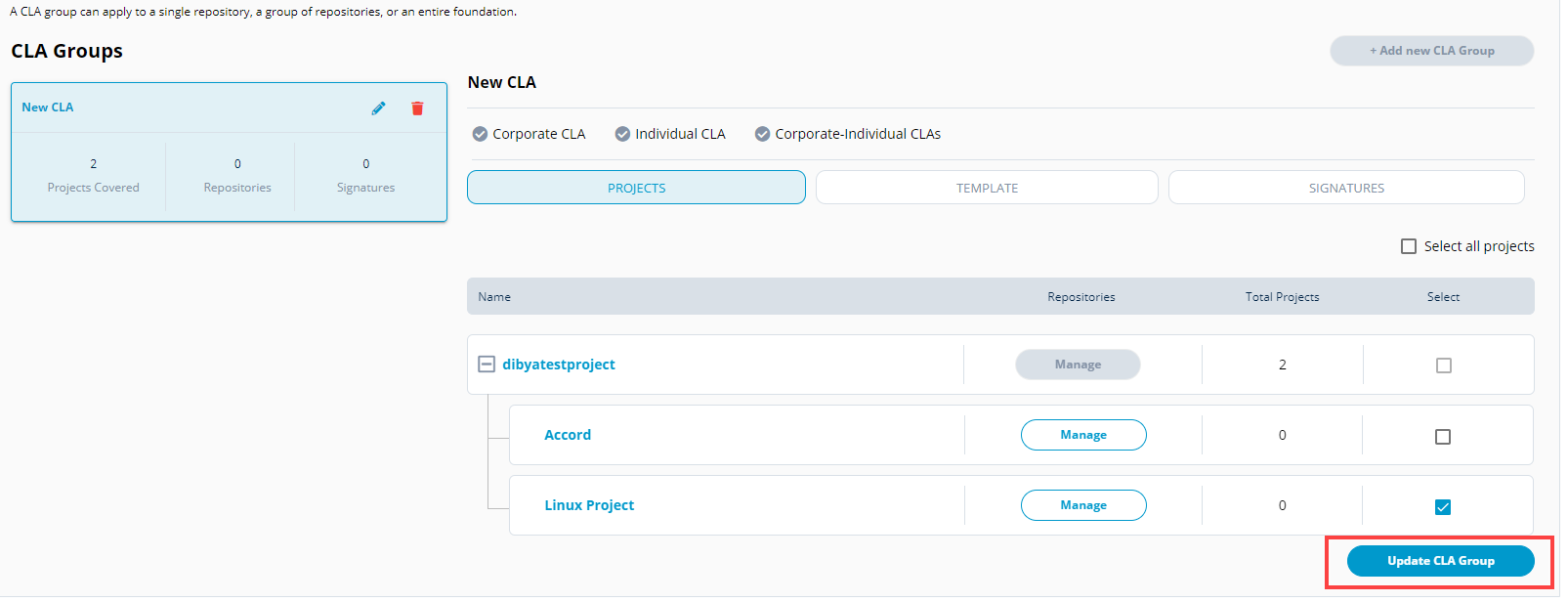 Add and manage projects under a cla group