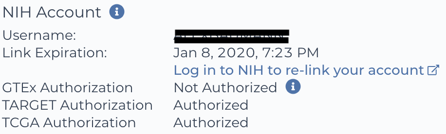 Screenshot of NIH account credentials