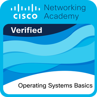 Operating Systems Basics badge image. Learning. Foundational level. Issued by Cisco