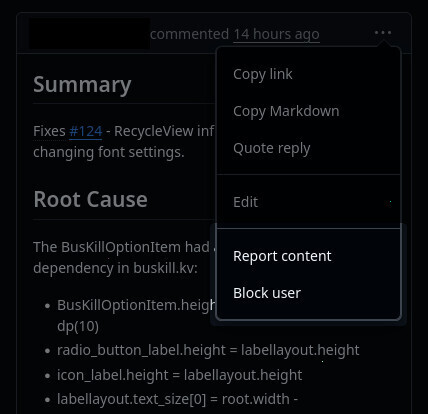 Screenshot shows the menu next to a comment, including the item "Block user"