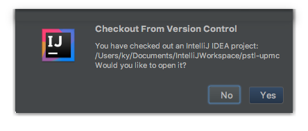 Appuyez sur le bouton Yes sur la boîte de dialogue qui vous demande de créer un projet d'IntelliJ en partant les sources clonées.