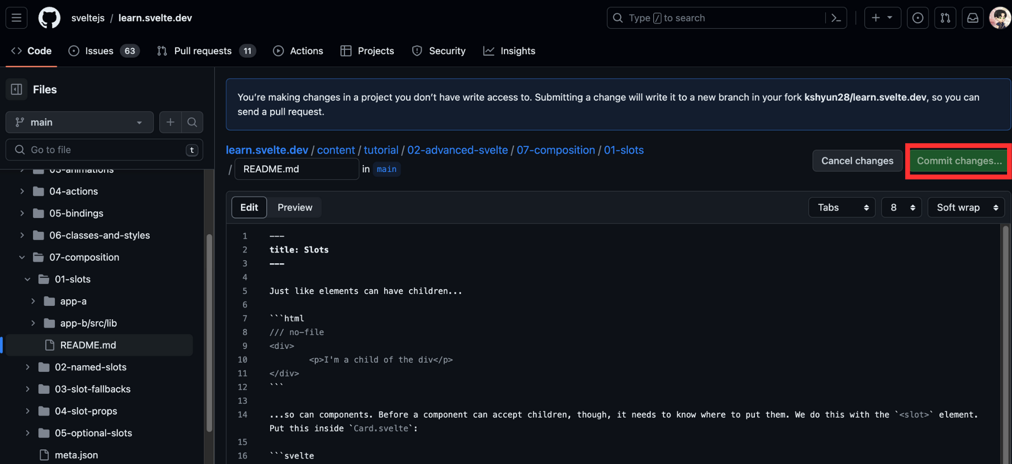 learn.svelte.dev on the GitHub website, click "Commit changes..." after editing the README.md file.