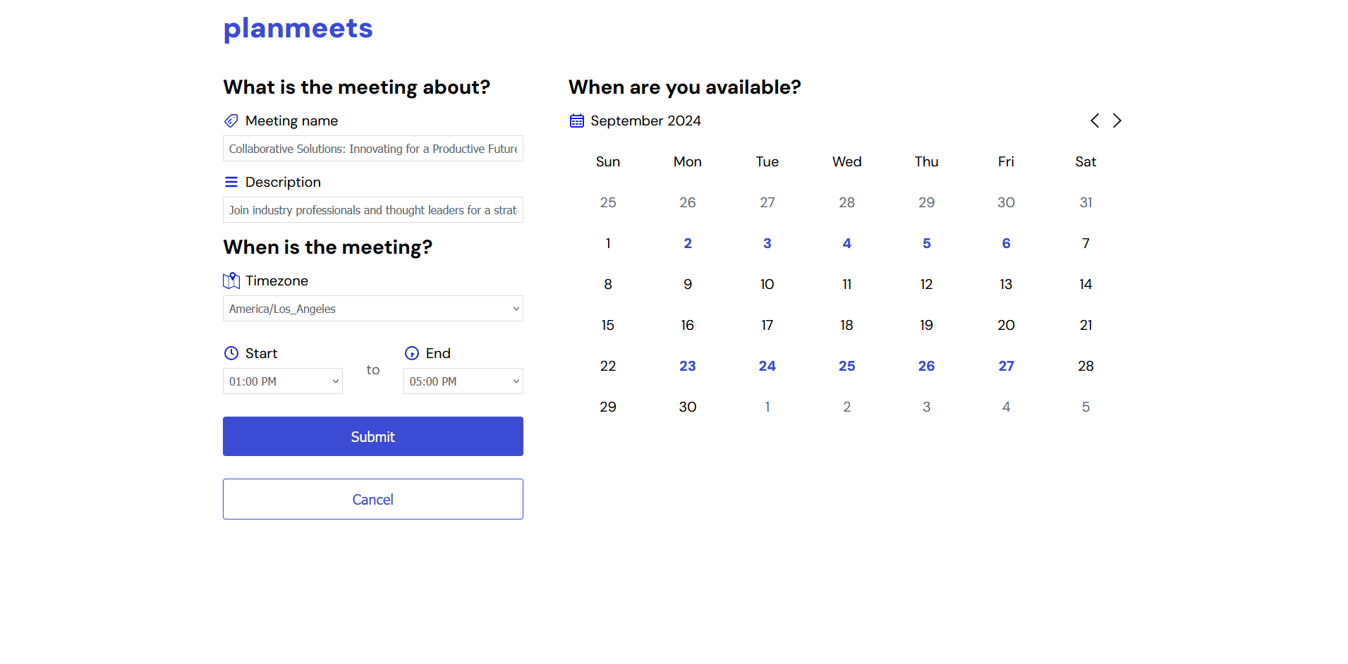 planmeets meeting creation page