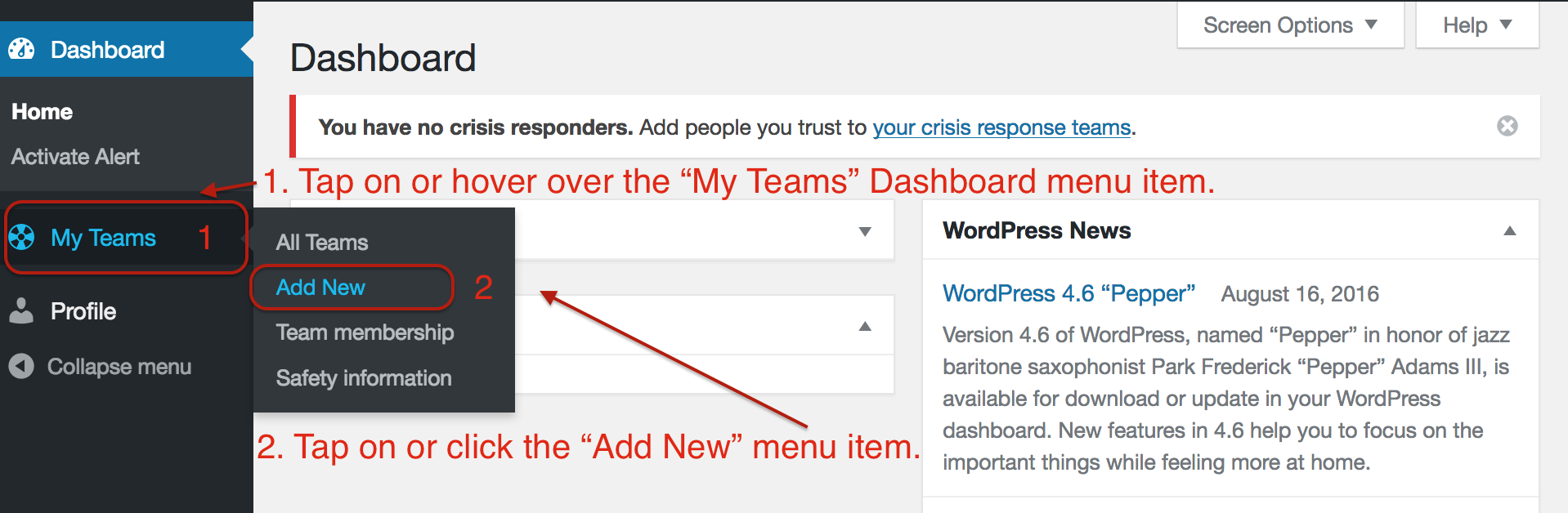 Screenshot of accessing the "Add New" menu item from the "My Teams" Dashboard menu.