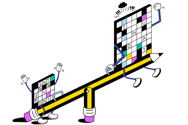 Two crossword grids sitting on either end of a seesaw made from a pencil. The smaller Saturday puzzle is heavier than the larger Sunday puzzle. 