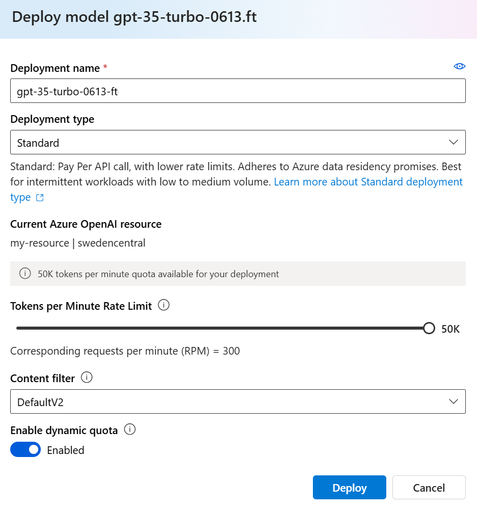 Screenshot of the Deploy Model dialog in Azure OpenAI Studio.