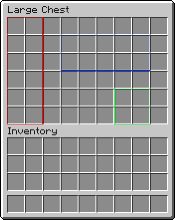 A picture showing an inventory spanning six rows with multiple differently colored outlines of rectangles around a group of inventory slots