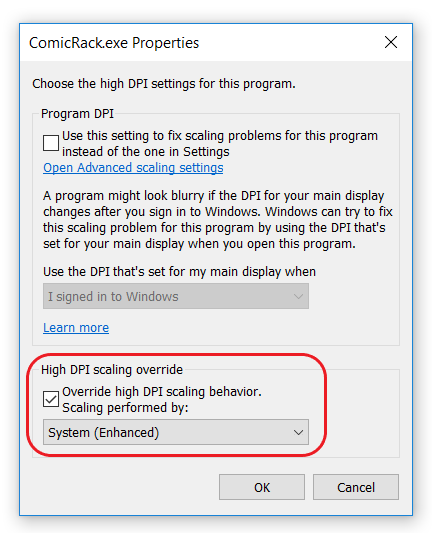 Picture of the Override scaling behavior options