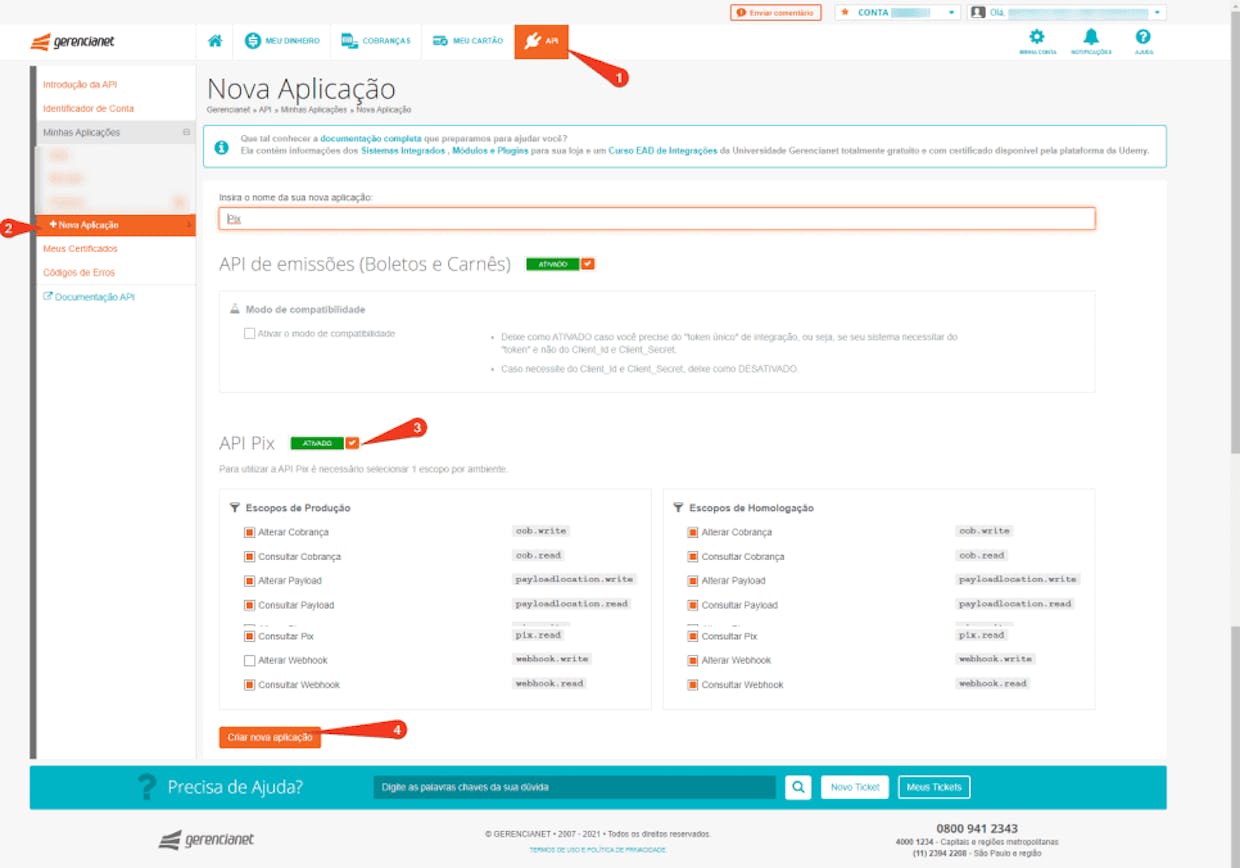 Crie uma nova aplicação para usar a API Pix