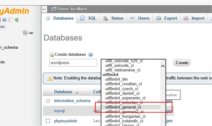 phpMyAdmin language encoding dropdown with utf8mb4_general_ci selected