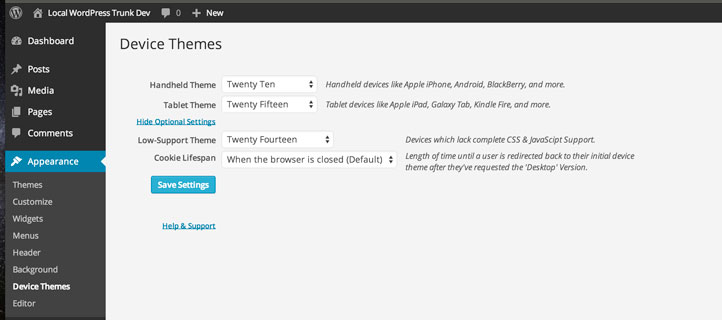 View of the Device Theme Switcher settings
