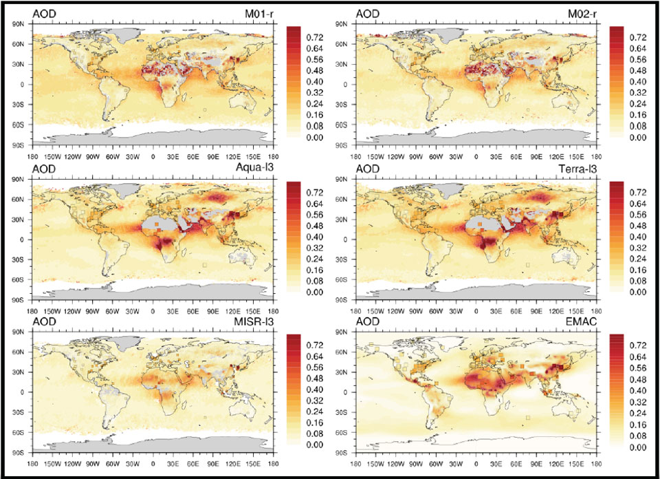  Spacial AOD distribution of the re-gridded Metop PMAp2 AOD versus MISR, MODIS (Aqua, Terra) and EMAC results with overlaid AERONET station observations (squares)