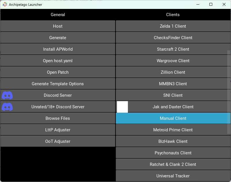 The Archipelago Launcher, with the Manual Client highlighted.