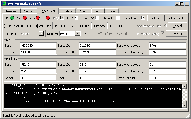 UwTerminalX speed test showing an error