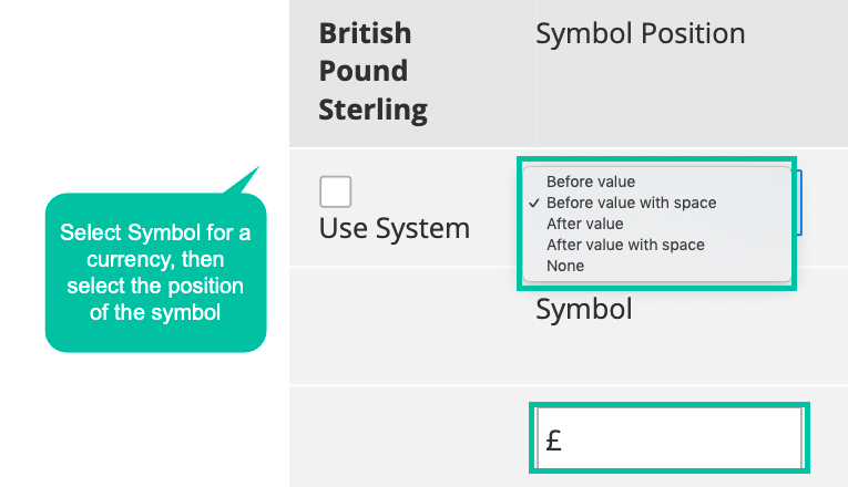 Specify and place symbol of currency