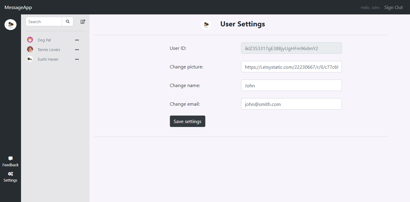 User settings page