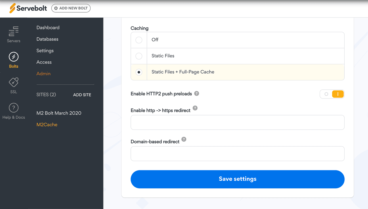 Image of cache setting in Admin Panel