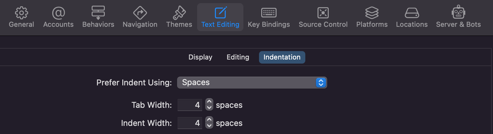 Xcode indent settings