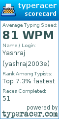 TypeRacer.com scorecard for user yashraj2003e