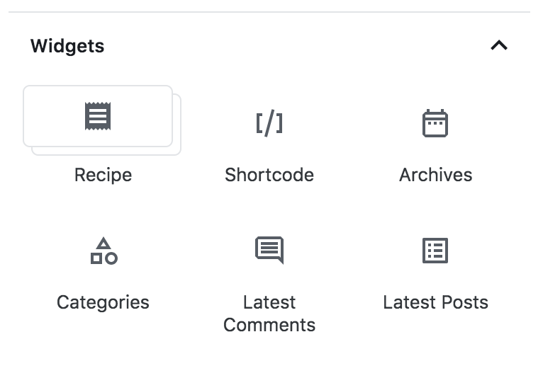 Screenshot block inserter: new Recipe icon in Widgets section