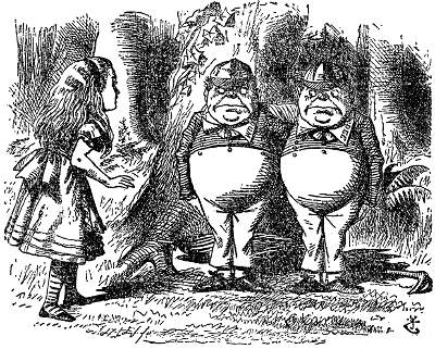 Tenniel illustration of Tweedledum (centre) and Tweedledee (right) and Alice (left).