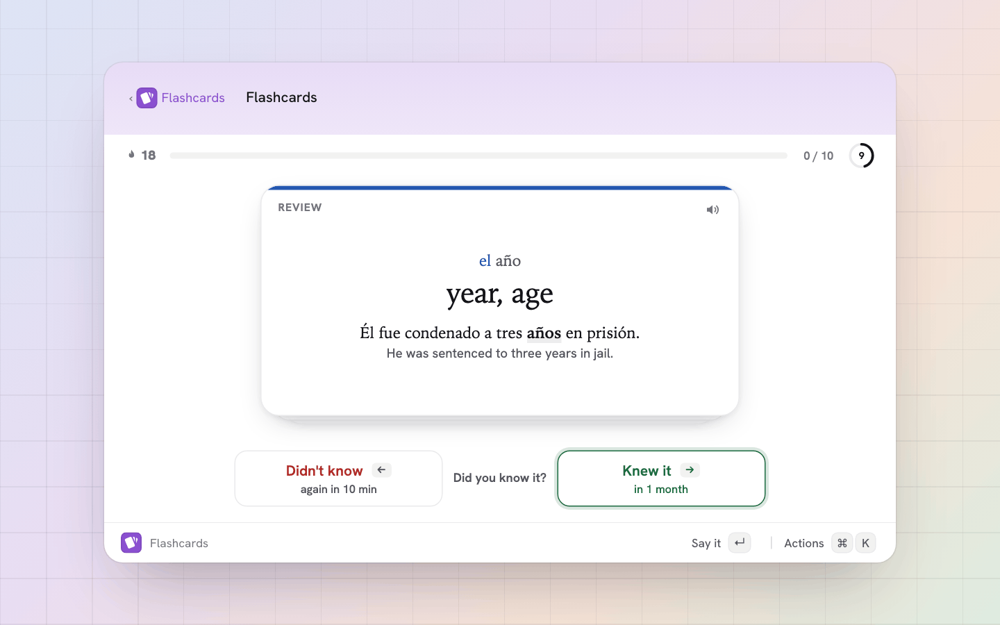 Flashcards: a card on a stack, flipped with space