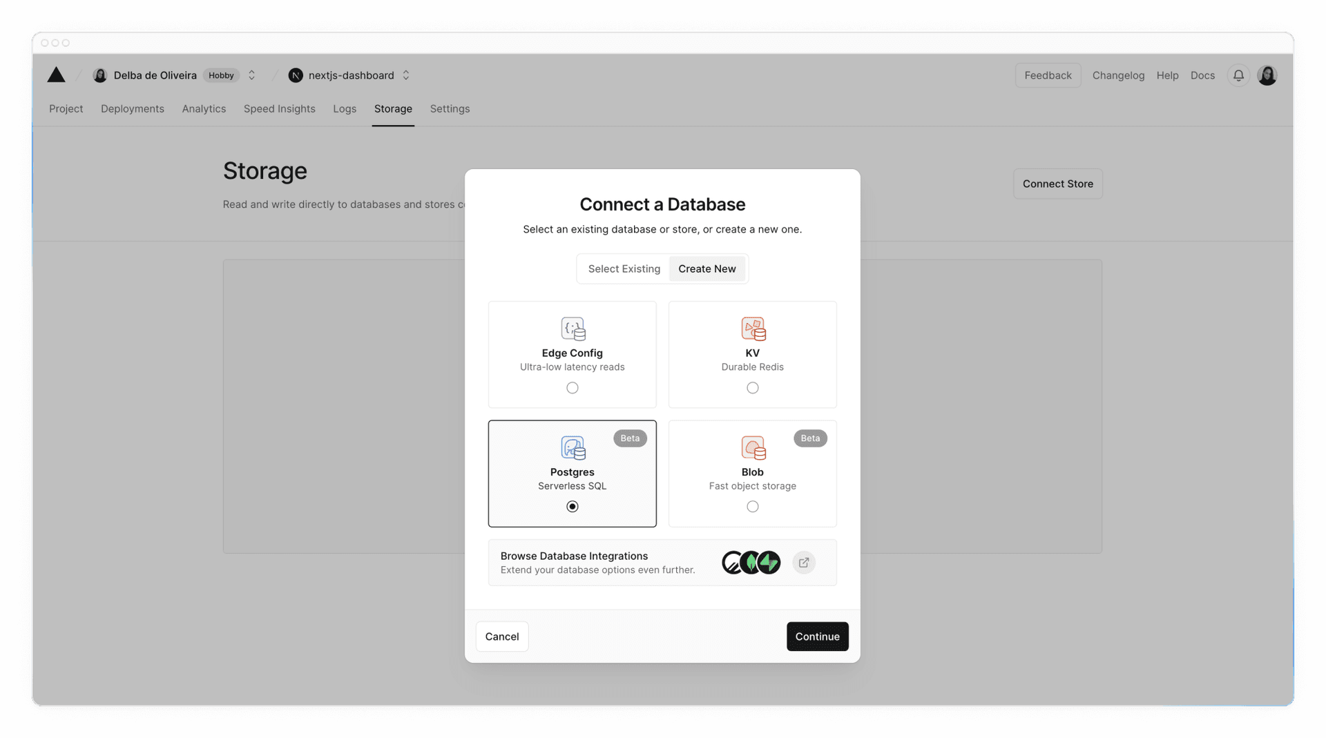 Postgres 옵션과 KV, Blob 및 Edge Config이 표시된 Connect Store 화면