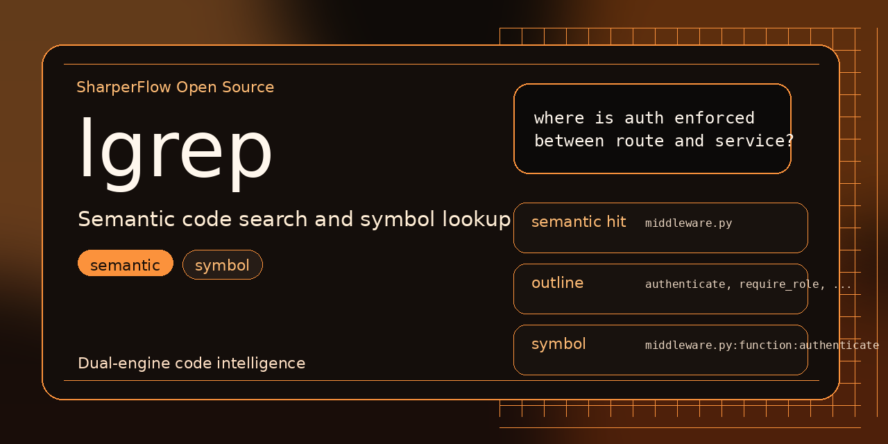 lgrep preview banner showing semantic search and symbol lookup for OpenCode