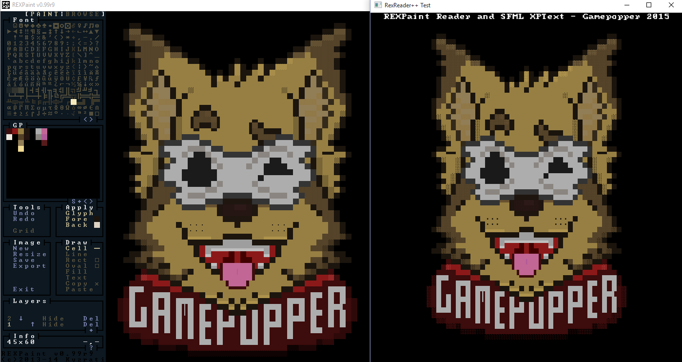 Left: REXPaint-R9 - Right: SFML 2.3.2 with XPText