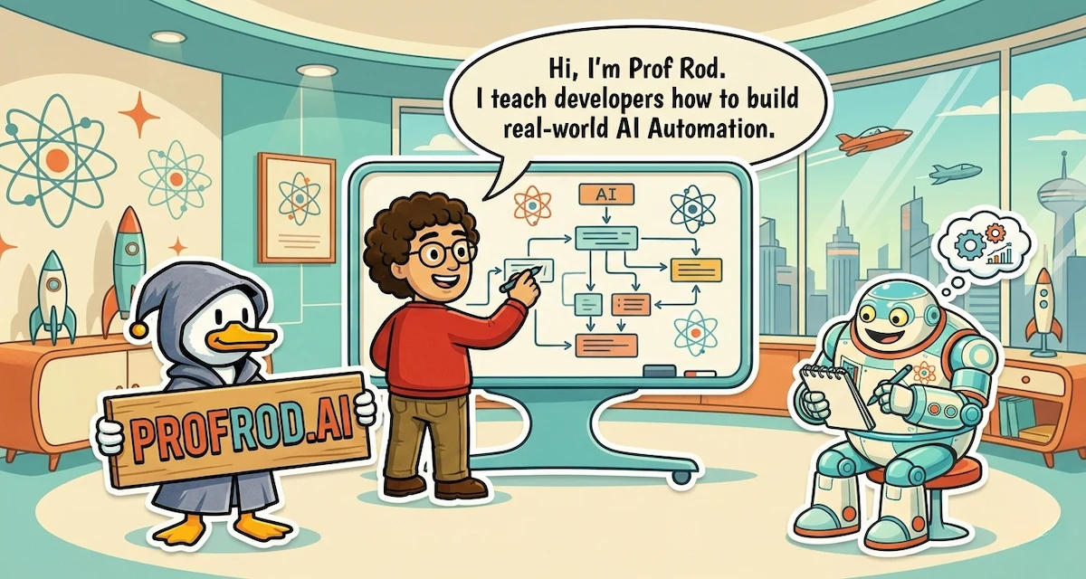 Prof Rod teaching real-world AI automation with illustrated companions