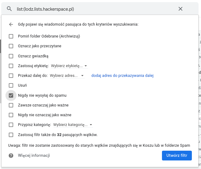 Obrazek z zaznaczonym "nigdy nie wysyłaj do spamu" i przyciskiem "utwórz filtr"