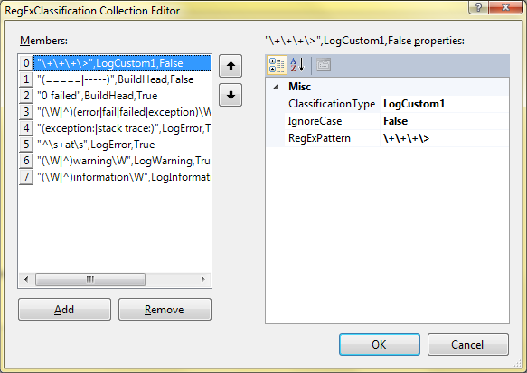 screen shot of VSColorOutput patterns dialog