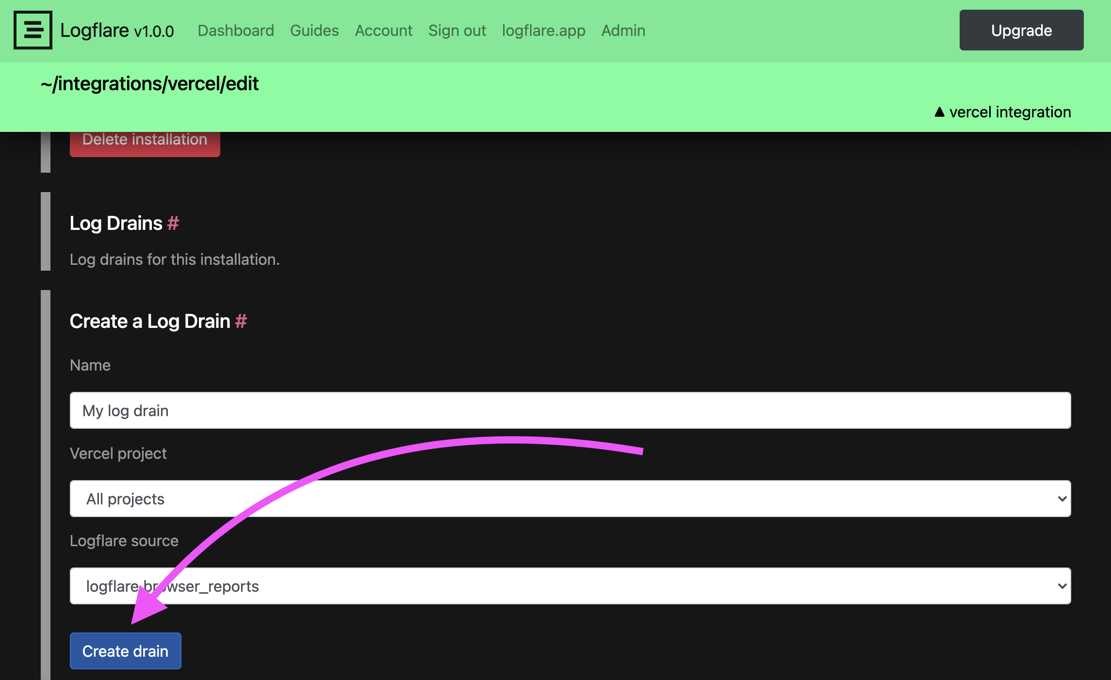 Manage Log Drains with Logflare