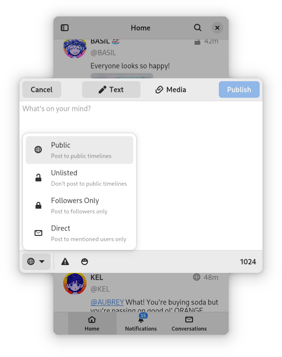 Screenshot of the Tuba app in light and mobile view. The current view is the home one. The main window is inactive as there's the compose modal open. The modal's privacy setting dropdown is open. This screenshot showcases: 1. that you can write posts, 2. you can use emojis, 3. it supports character limits of the instance, 4. you can change privacy settings, 5. you can attach media, 5. you can set content warnings