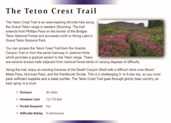 A webpage titled, “The Teton Crest Trail” displays three paragraphs of content with an image at the top right of the page. 