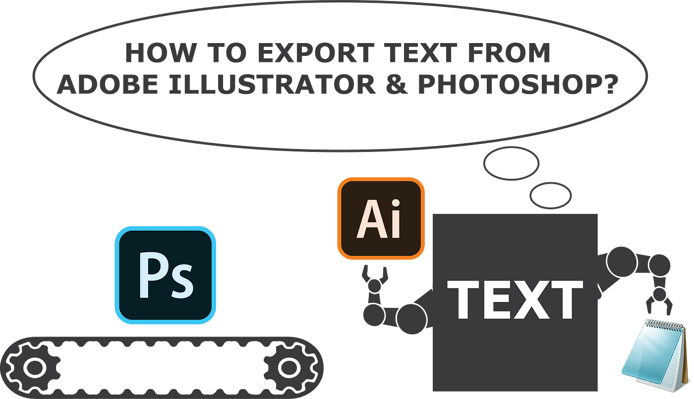 Depiction of Text Extraction From Adobe Illustrator & Photoshop into Notepad.