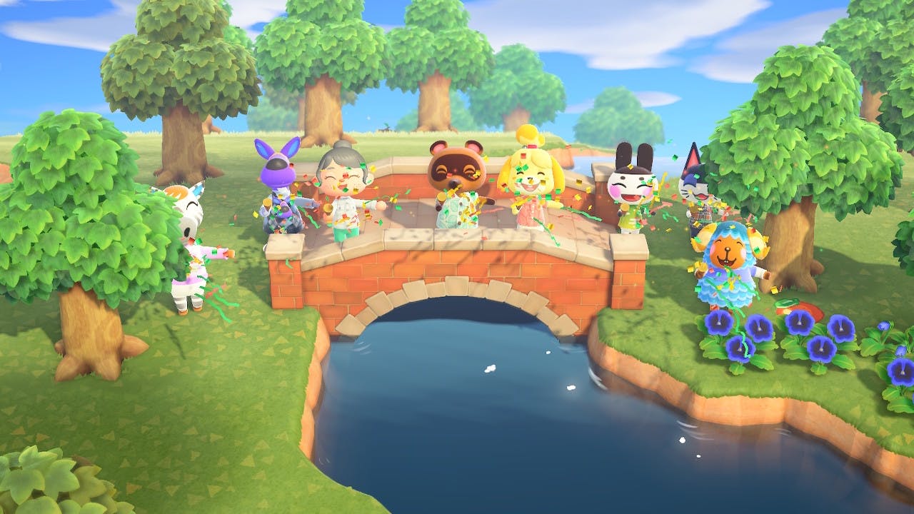 Animal crossing villagers on a bridge with Tom Nook