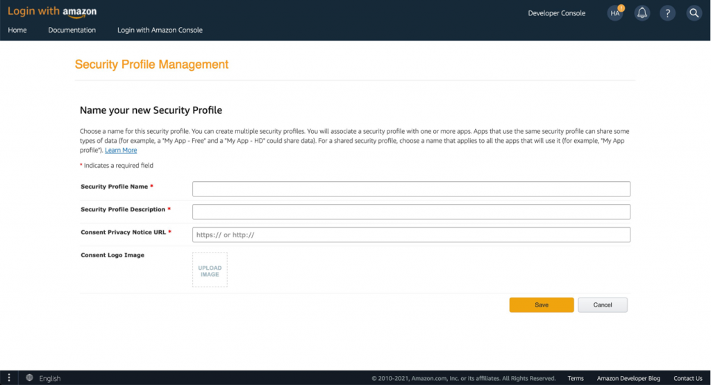 Screenshot of Login with Amazon console showing Create a New Security Profile form