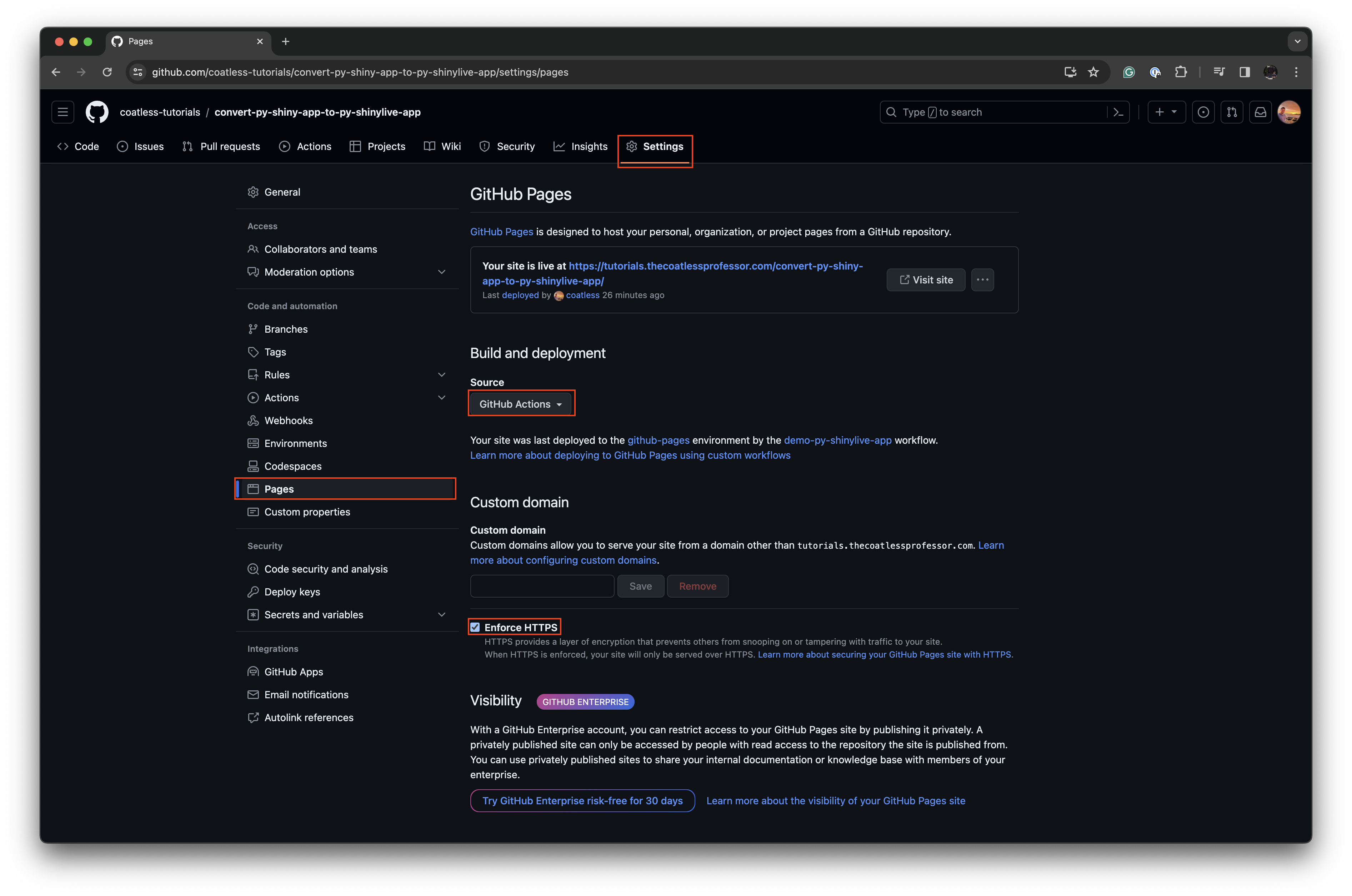 Example annotation of the repository's Settings page for GitHub Actions deployment