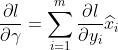 $${{\partial l} \over {\partial \gamma }} = \sum\limits_{i = 1}^m {{{\partial l} \over {\partial {y_i}}}} {\widehat x_i}$$