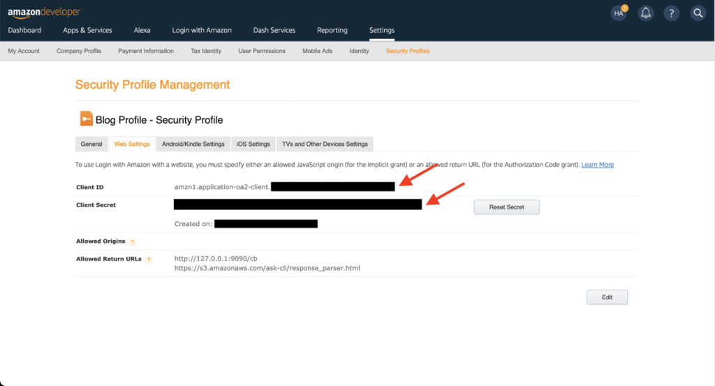 Screenshot of Login with Amazon console showing location of Client ID and Client Secret values