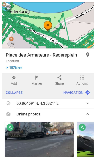 Screenshot of OsmAnd shows a wheel of photos under the Online Photos section of a point on the map