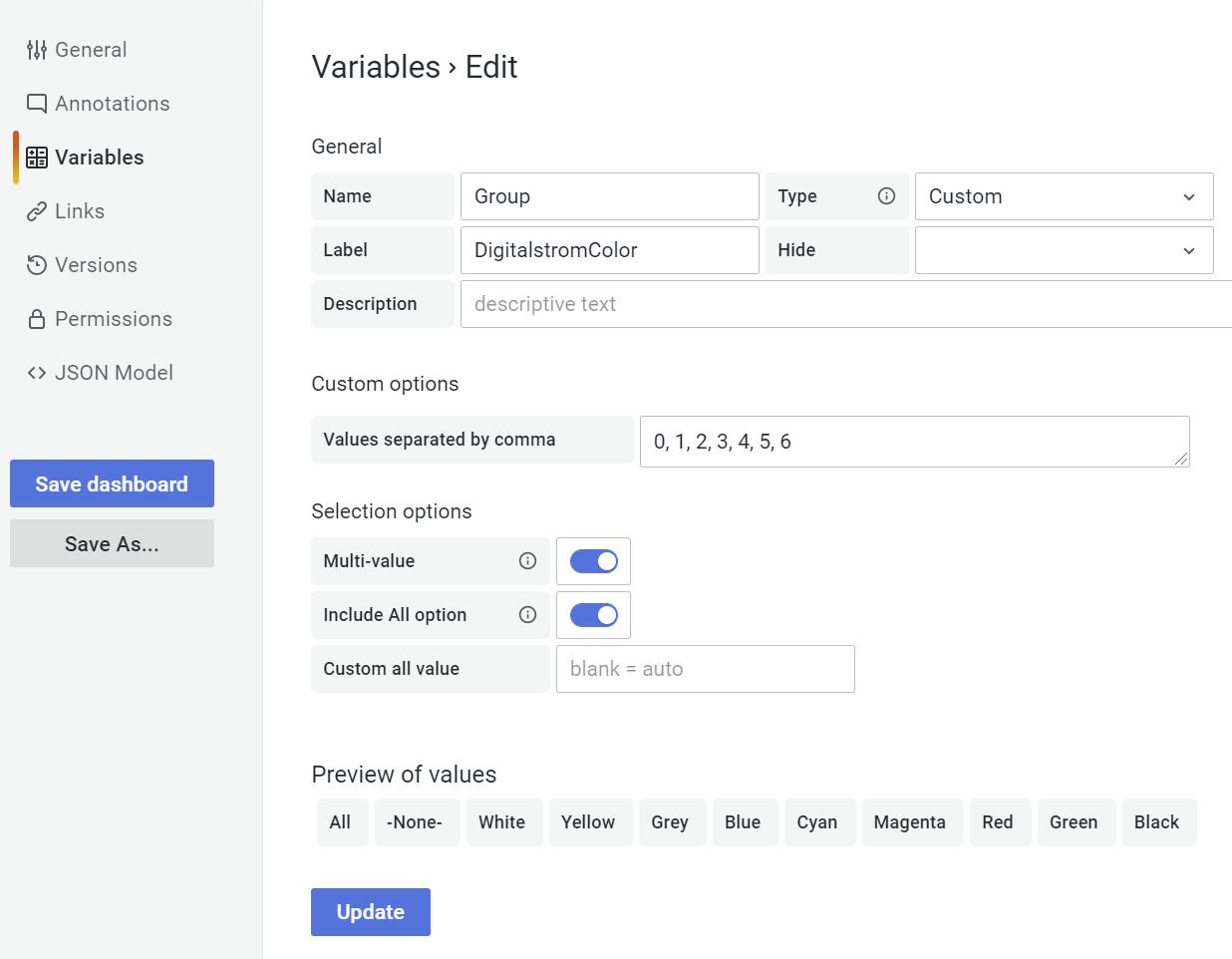 Grafana add variables screenshot