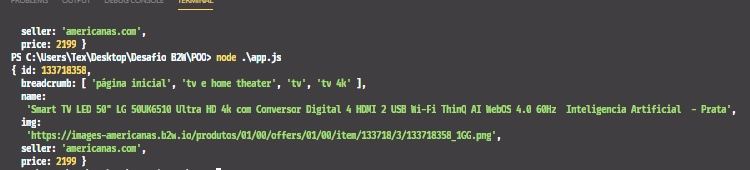 Print do resultado da busca por produto, impresso no terminal