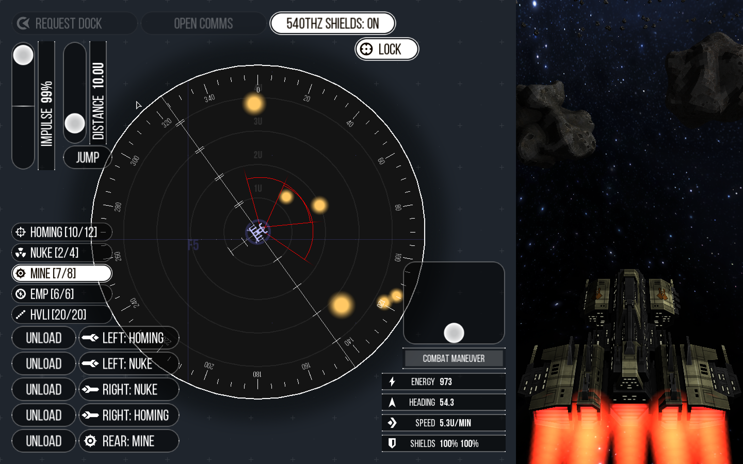 The Single Pilot view with Main Screen on the right, radar on the left, and weapons, piloting, communications, and defensive controls