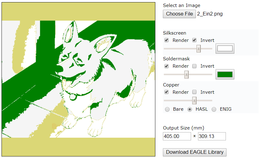 Drawing of a Pembroke Welsh Corgi processed through a threshold function and presented in grey, white and green