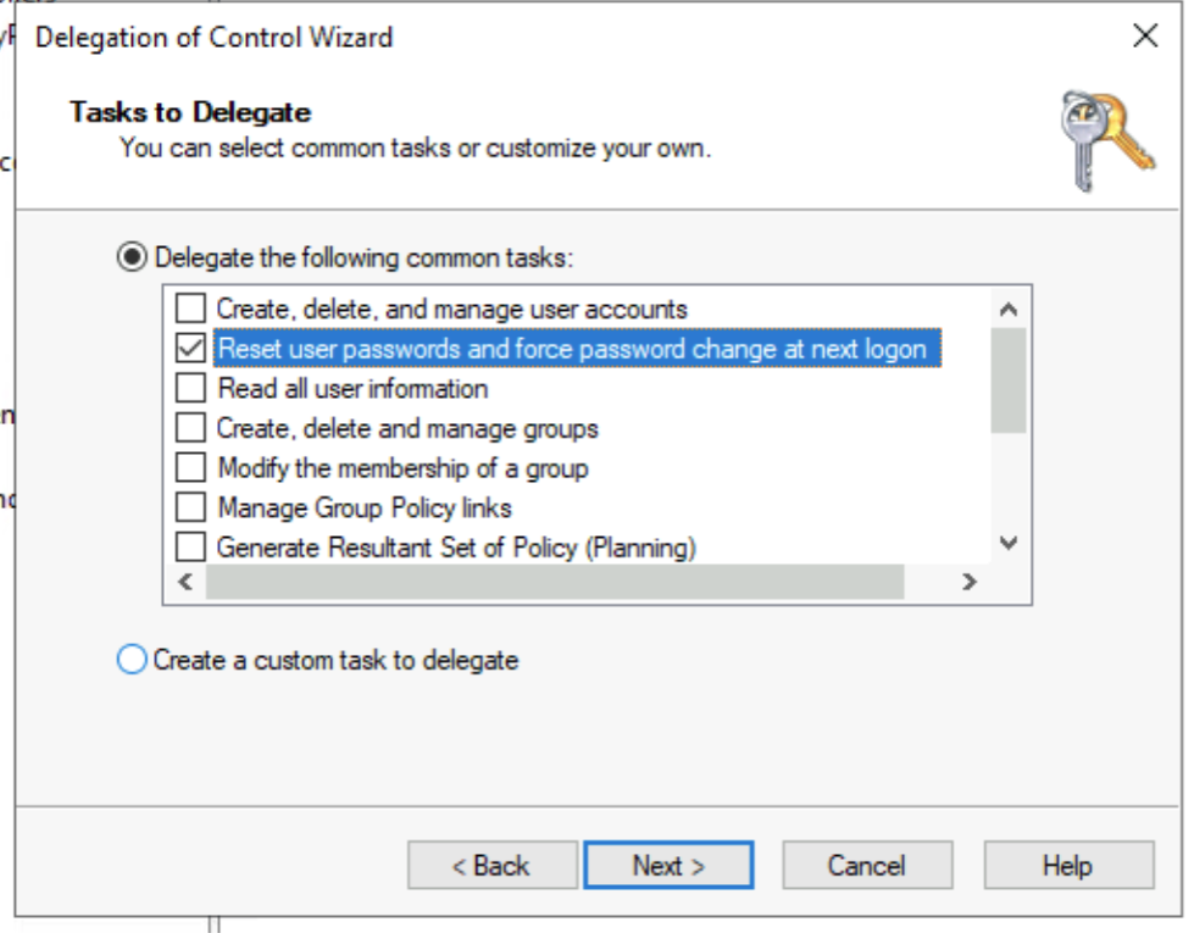 Next, you are able to pick and choose what options to give to the selected user(s) or group(s), here we selected to allow the user to reset passwords for the OU.