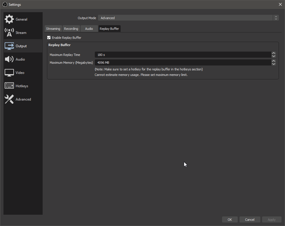 Output replay buffer tab of OBS settings menu