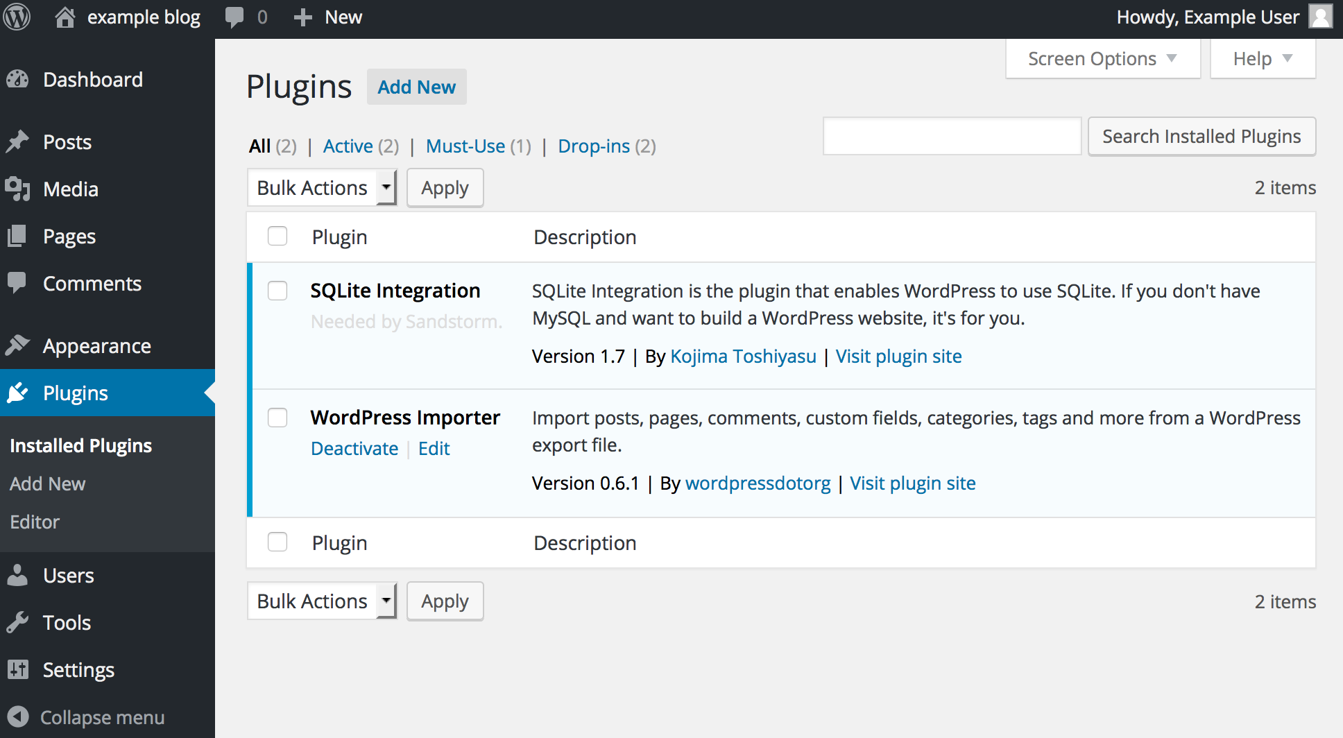 Screenshot of WordPress Plugins screen on a new Sandstorm Oasis installation.